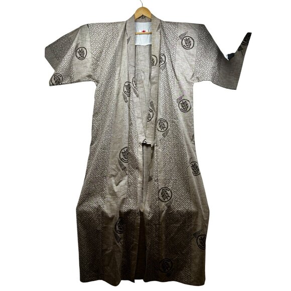 Vintage Japanese Kimono Robe Unisex Beige Linen Blend Abe Tabi Happi 54x60 - Picture 1 of 7